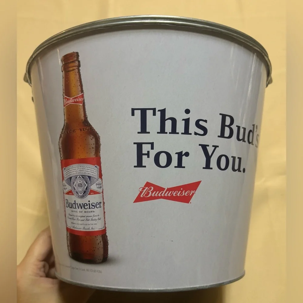 Budweiser Beer Metal Ice‎ Bucket with Handle This Bud's For You 7” Tall
